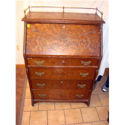 Antique Oak Secretary Desk w/Brass Gallery