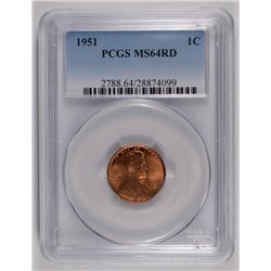 1951 LINCOLN CENT PCGS MS-64 RD
