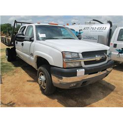2003 CHEVROLET 3500 CREWCAB DUALLY FLATBED, S/N 1GCJC33143F172888, DURAMAX DIESEL ENG, ALLISON A/T, 