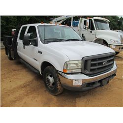 2002 FORD F350 S/A FLATBED TRUCK, S/N 1FDWW36F1ZEA41003, FORD POWER STROKE DIESEL ENG, A/T, CREW CAB