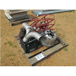 1 LOT MISC ELECT FAN, WHEEL COVER, WATER PUMP, GAS MOTOR, CHAIN SAW