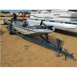 16' ALUMINUM BOAT, MERCURY 50 HP OUTBOARD MOTOR, STEALTH 30LB TROLLING MOTOR, BOAT TRAILER