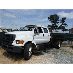 2008 FORD F750XL CREW CAB S/A FLATBED, S/N 3FRWW75D88V640668, 6.7L CUMMINS DIESEL, A/T, 12' FLATBED 