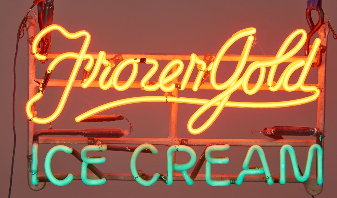 Frozen Gold Ice Cream Neon Sign on Glass Frame
