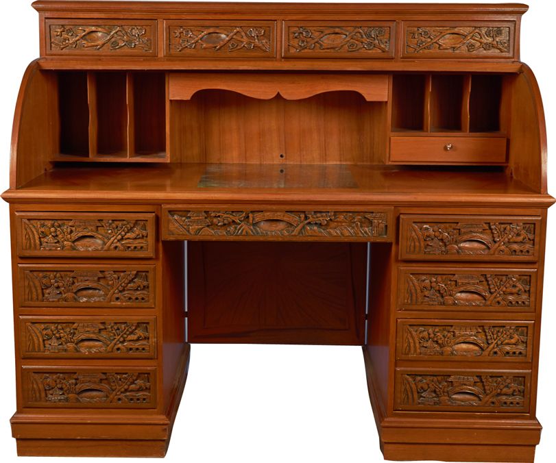 Large Fancy Carved Wood Roll Top Desk