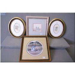 Three framed needle works and an artist proof limited edition Joan Healey "The Offering"