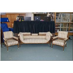 Three piece inlaid Edwardian parlour suite including settee and two arm chairs. Note: heavily inlaid