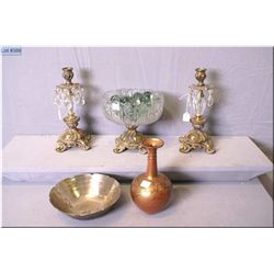 Selection of collectibles including cast and crystal comport, cast and crystal candleholders, two bu