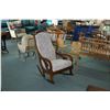 Image 1 : Antique Canadiana open armed rocker with carved back and upholstered seat and back