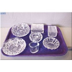 A selection of crystal including four ashtrays, two trinket/cigarette boxes and a toothpick holder