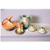 Image 1 : Five pieces of Roseville Pottery including Clematis candle holders and double handled vases, a candl