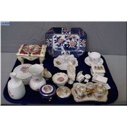 Selection of porcelain miniatures including Limoges lidded trinket boxes, small tea set, Royal Crown