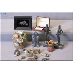 Selection of collectibles including a soapstone carving, pair of farthing cufflinks, cast Warriors o