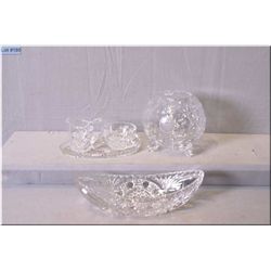 A selection of crystal including a footed rose bowl, celery bowl, plus a cream and sugar with tray