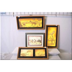 Three framed art works depicting farm scenes and a painted clay "A Peaceful Day on the Farm" signed 