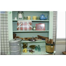 Large selection of collectible and primitives including sadirons, stacking canisters, tins, McCoy po
