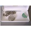 Image 1 : Vintage large chaised silver locket and chain and a carved jade butterfly brooch