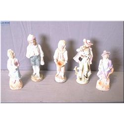 Five antique hand painted figures, 7 1/2  to 10  in height