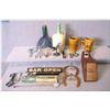 Image 1 : A selection of bar collectibles including stoneware gin bottle, putty knife clock, corkscrews, horse