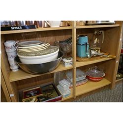 A selection of collectibles including Pyrex, hand crank ice crusher, teak tray, decorator plates, st