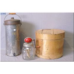 Wooden cheese box, McClary's cream separator and hand crank butter churn