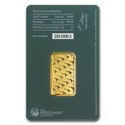 20 gram Perth Mint Gold Bar .9999 Fine (In Assay)