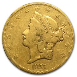 1857 $20 Gold Liberty Double Eagle - F-12 PCGS