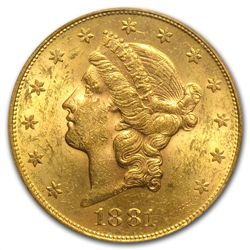 1881-S $20 Gold Liberty Double Eagle - MS-61 PCGS