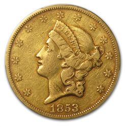 1853/2 $20 Gold Liberty Double Eagle - VF-30 PCGS