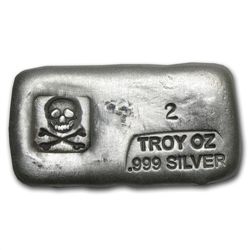 2 oz Skull &amp; Bones Silver Bar .999 Fine