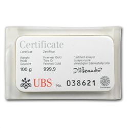 100 gram Union Bank of Switzerland Gold Bar (In Assay)