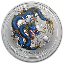 2012 1 oz Silver Year of the Dragon Blue Colorized Coin