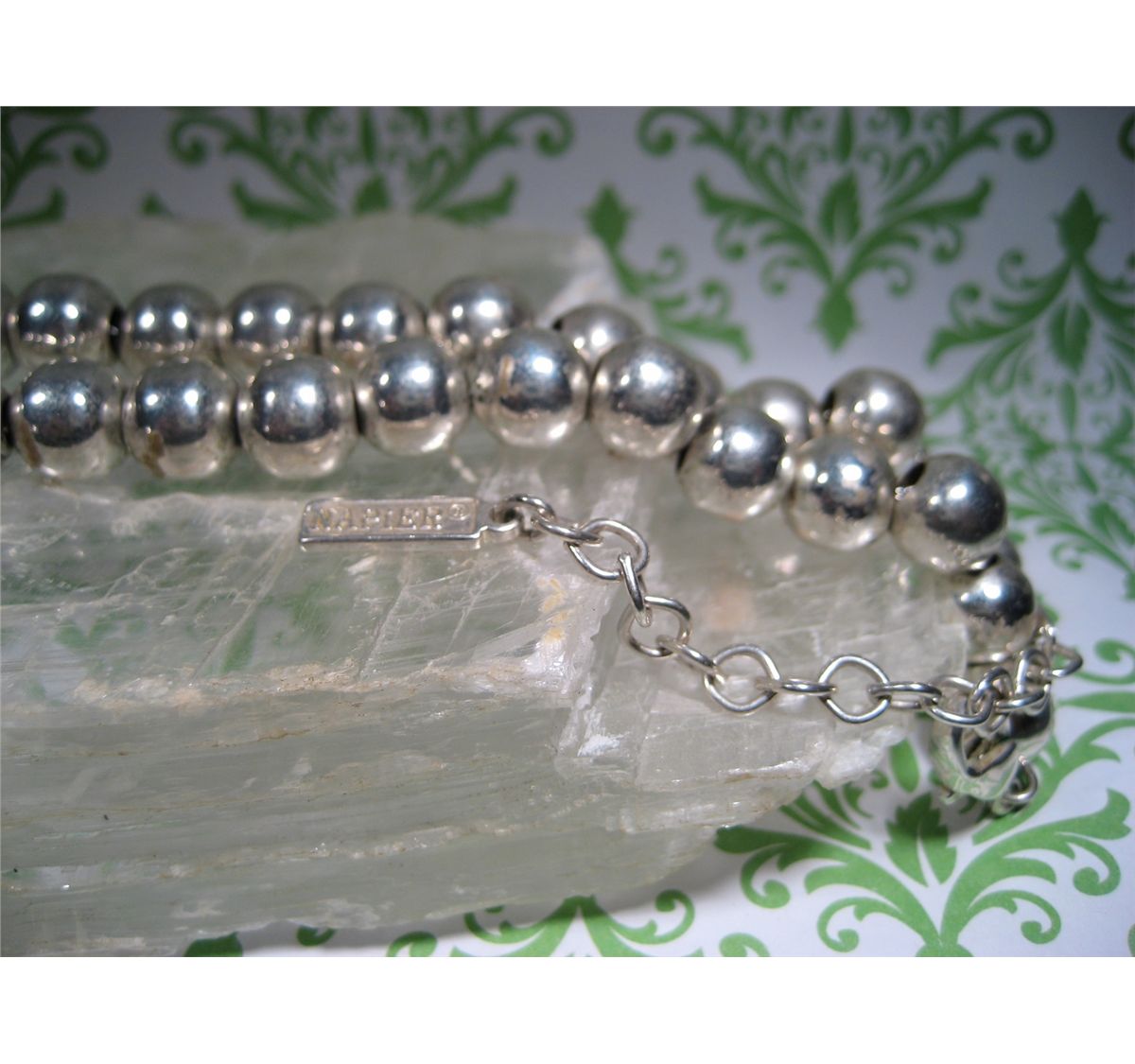 Vintage Signed Napier Necklace Silver Tone Mirror Ball Metal Bead Chain
