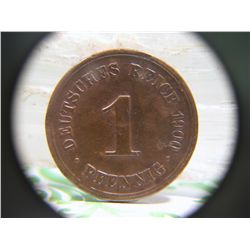1900 Germany 1 Pfennig Coin Bronze Imperial Era Empire Deutsches Reich