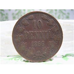 Coin Finland 1866 10 pennia Russia Alexander II