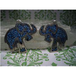 PAIR OF STERLING SILVER ELEPHANTS EARRINGS PENDANTS CRUSHED TURQUOISE