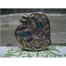 Multi Natural Stone 925 Sterling Silver Cluster Heart Pendant T.W. 5.8 GRAMS