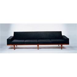 Grete Jalk Sofa, ca. 1960 teak with blue upholstery 27 1/2 x 104 1/4 x 29 in. (69.9 x 264.8 x 73....