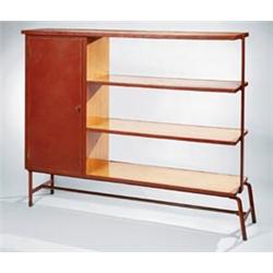 JACQUES ADNET Biblioteque, ca. 1950 in collaboration with Hermes oak and leather 55 1/8 x 68 x 17...