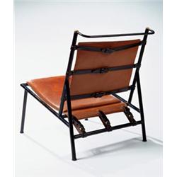 JACQUES ADNET Chair, ca. 1950 in collaboration with Hermes black-painted metal with leather strap...