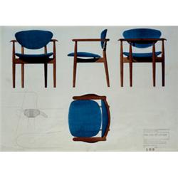 FINN JUHL scale drawing, 1955 for Baker Furniture Incorporated, Grand Rapids watercolor stamped w...