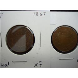 1867 XF AND 1869 (GOOD) TWO CENT PIECES