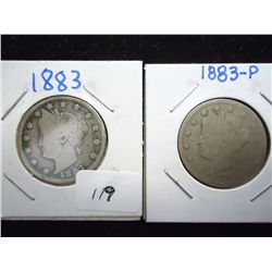 1883 WITH & WITHOUT CENTS LIBERTY "V" NICKELS