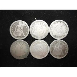 6 ASSORTED 1850'S SEATED LIBERTY DIMES