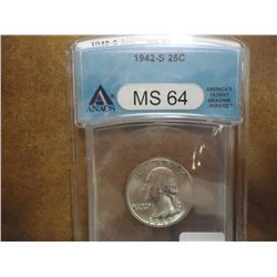 1942-S WASHINGTON SILVER QUARTER ANACS MS64