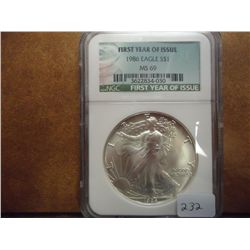 1986 AMERICAN SILVER EAGLE NGC MS69 1ST YEAR OF