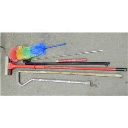 LONG BOX OF MOP, DUSTER, ADJUSTABLE  CANE ETC