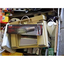 BOX OF BATHROOM STUFF - SOME OPEN - ALL FROM ESTATE PLUS CURLING ORON, MAKEUP MIRROR, SCALE AND MORE