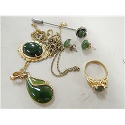 JADE STONE JEWELERY SET - INCLUDES 2 NECKLACES, PIN & EARINGS