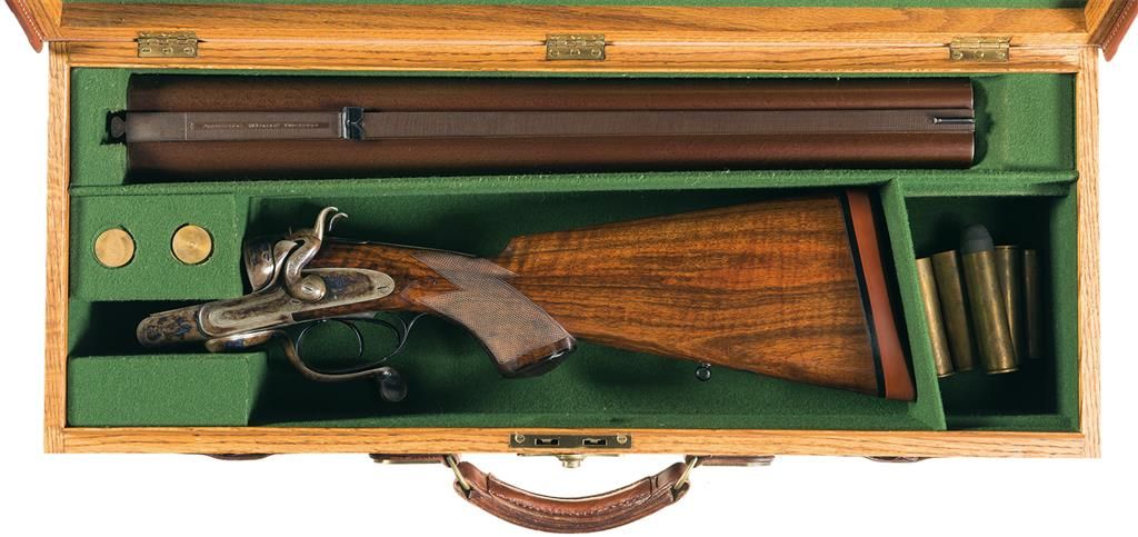 Engraved Perrins & Son 8 Bore Hammer Double Damascus Barrel Rifle with Case